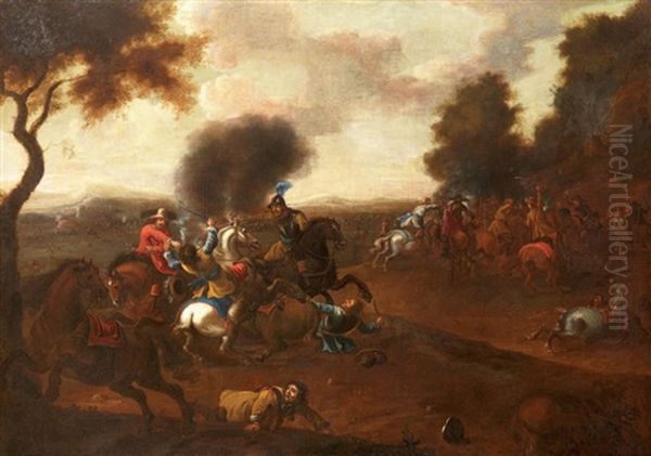 Combat De Cavalerie Ou Les Deux Coups De Pistolets Oil Painting by Jacques Courtois