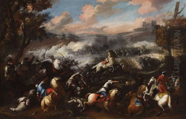 A Pair Of Cavalry Skirmishes With Landscapes (pair) by Jacques Courtois