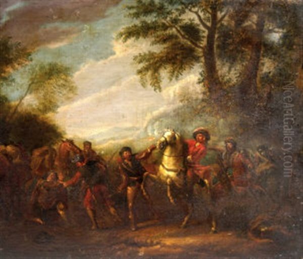 Brigands With A Horseman In A Wooded Landscape by Jacques Courtois