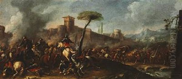 Battle Scene Outside The Citywalls Oil Painting by Jacques Courtois