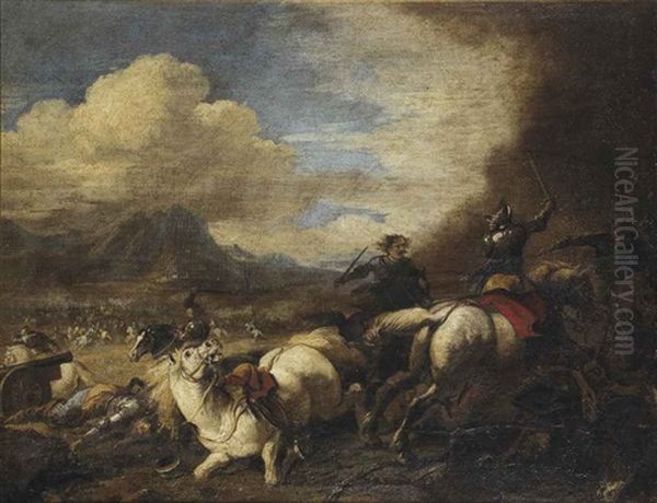 A Cavalry Skirmish In A Mountainous Landscape Oil Painting by Jacques Courtois