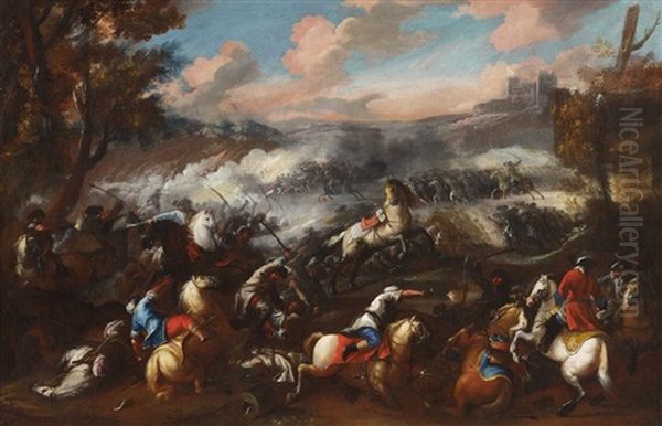 A Pair Of Cavalry Skirmishes With Landscapes (pair) Oil Painting by Jacques Courtois