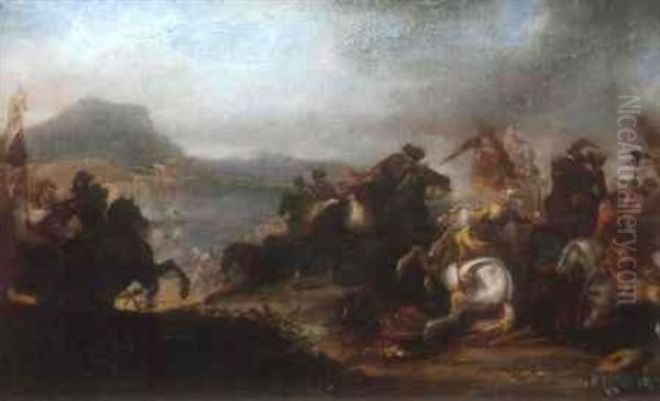 A Cavalry Skirmish On A Hill Before An Extensive Landscape Oil Painting by Jacques Courtois