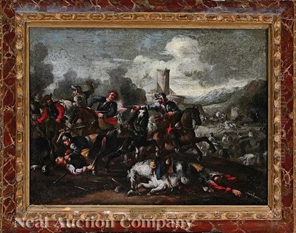 Calvary Skirmish Below A Castle Oil Painting by Jacques Courtois