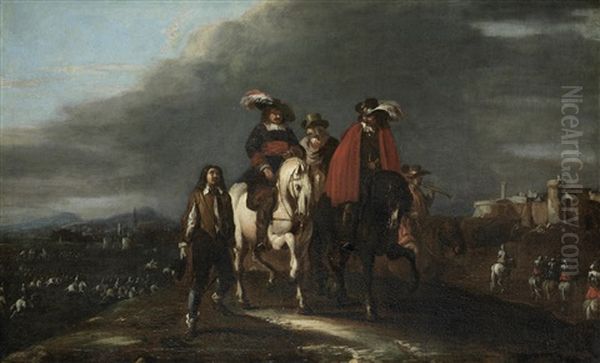 Soldiers Departing For The Battlefield; And Officers Approaching A Fortified Village, With A Battlefield In The Distance (pair) Oil Painting by Jacques Courtois