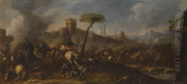 A Battle Scene Before A Fortified Town Oil Painting by Jacques Courtois