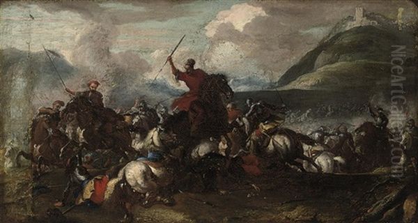 A Battle Scene With Cavalry And Cannon, A Hilltop Fortress Beyond Oil Painting by Jacques Courtois