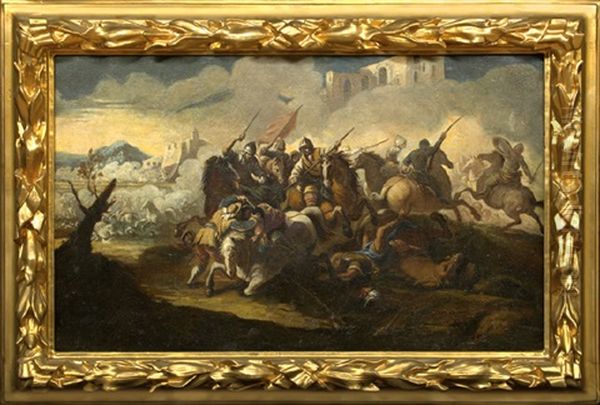 Cavalry Battle On The Outskirts Of A Village (+ Battle On A Bridge; Pair) Oil Painting by Jacques Courtois