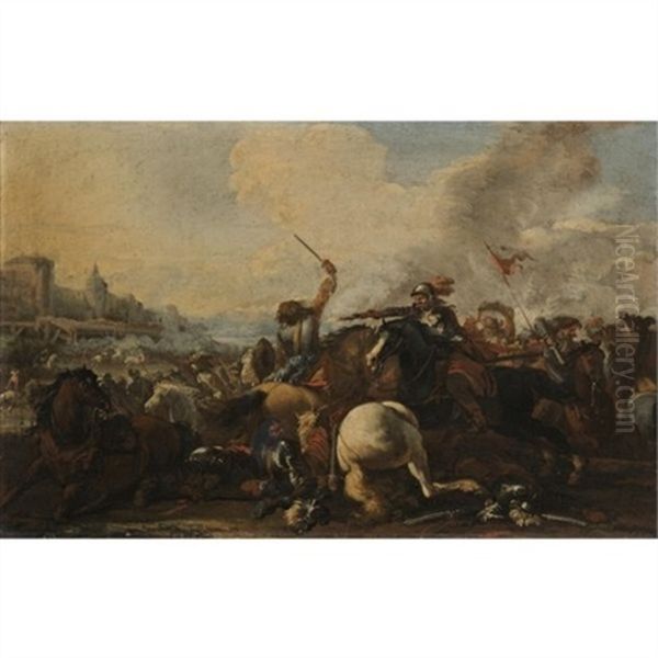 A Cavalry Battle Before A Fortified Town Oil Painting by Jacques Courtois