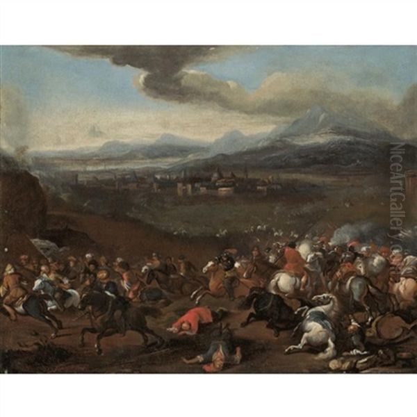 A Cavalry Skirmish On The Hills Above A Walled Town Oil Painting by Jacques Courtois