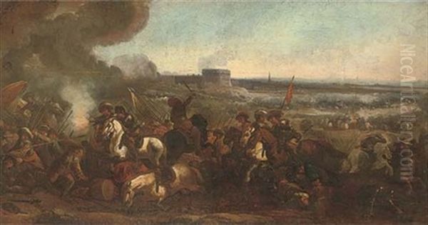 A Cavalry Skirmish Before A Fortified Town Oil Painting by Jacques Courtois