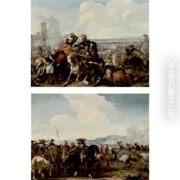 Cavalry Engagement (+ Another, Similar; Pair) Oil Painting by Jacques Courtois