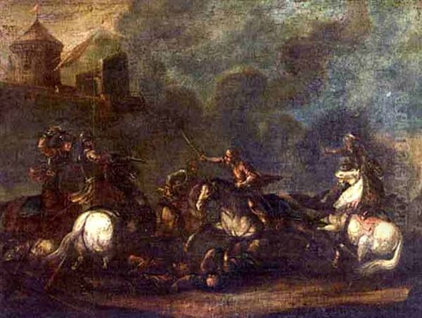 A Cavalry Skirmish On The Outskirts Of A Village Oil Painting by Jacques Courtois