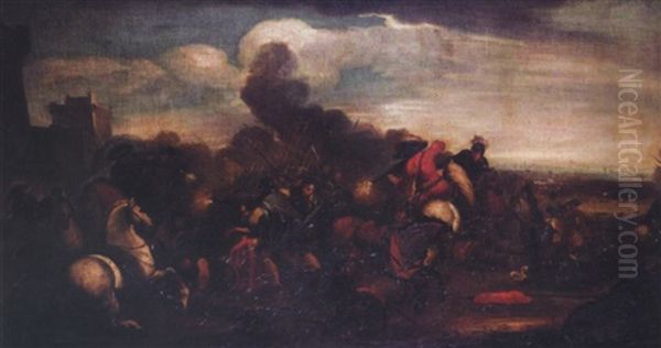 A Battle Scene With Cavaliers And Infantry Fighting Before A Fortified Town by Jacques Courtois