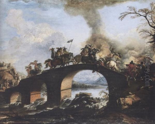 A Cavalry Skirmish On A Bridge Oil Painting by Jacques Courtois