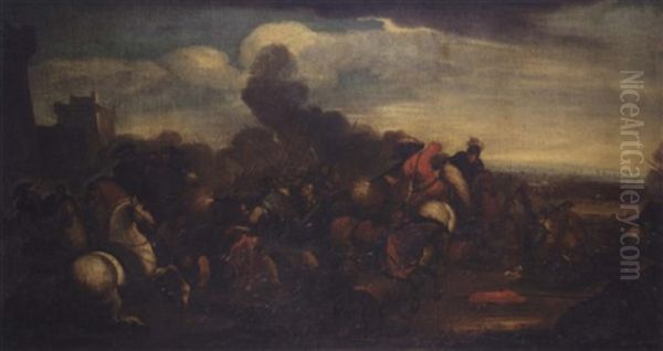 A Battle Scene With Cavaliers And Infantry Fighting Before A Fortified Town Oil Painting by Jacques Courtois