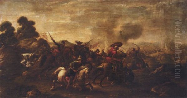 A Battle Scene With Turks And Christians Before A Bridge Oil Painting by Jacques Courtois