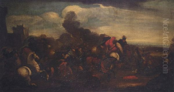 A Battle Scene With Cavaliers And Infantry Before A Fortified Town Oil Painting by Jacques Courtois