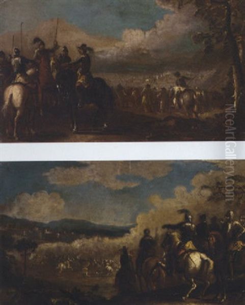 A Cavalry Skirmish With Officers Conversing In The Foreground Oil Painting by Jacques Courtois