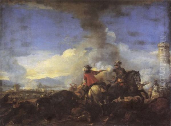 A Cavalry Engagement Before A Fortified Town Oil Painting by Jacques Courtois