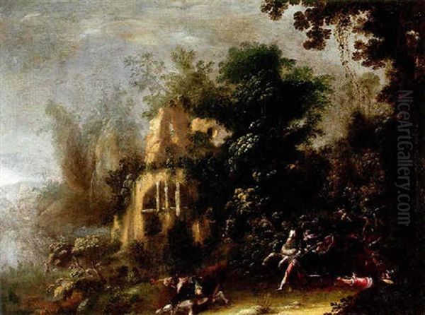 A Wooded Landscape With A Skirmish In The Foreground Oil Painting by Jacques Courtois