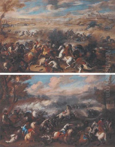 A Cavalry Skirmish In An Extensive Landscape Oil Painting by Jacques Courtois