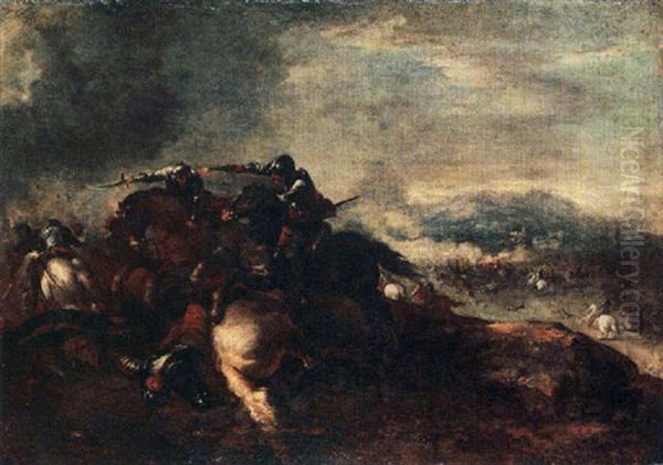 A Cavalry Battle Scene Oil Painting by Jacques Courtois