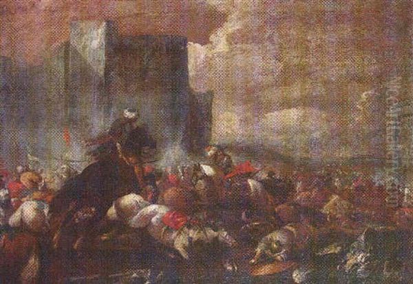 A Cavalry Battle Before The Walls Of A Fortress Oil Painting by Jacques Courtois