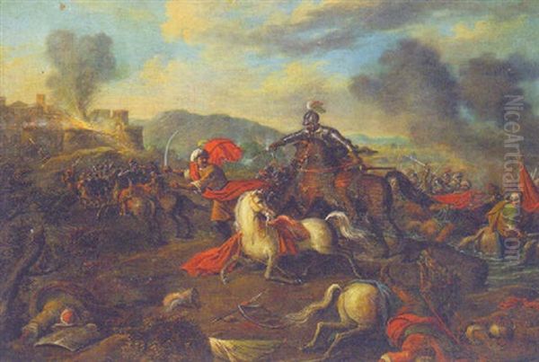 A Cavalry Battle Between Turks And Christians On A Beach, A Castle Under Siege Beyond Oil Painting by Jacques Courtois