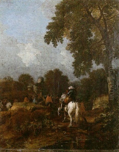 An Open Landscape With A Troop Of Cavalry Approaching The Outskirts Of A Town Oil Painting by Jacques Courtois