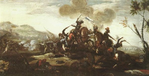 Mounted Figures In A Battle Skirmish With Infantry Soldiers Beyond Oil Painting by Jacques Courtois