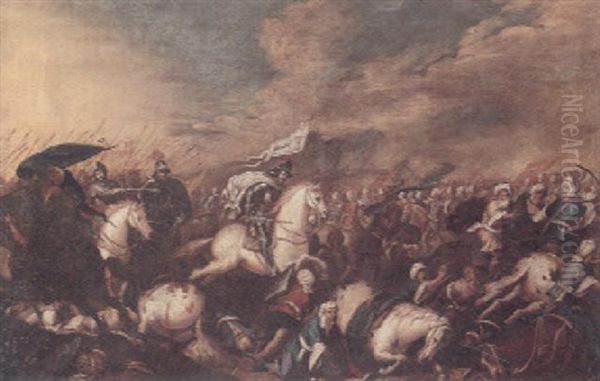 A Battle Scene With Numerous Figures And An Armoured Soldier Bearing A Standard On A White Charger Oil Painting by Jacques Courtois