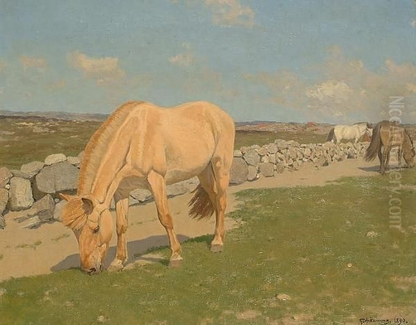 Horses Grazing In A Landscape Oil Painting by Gustav Ankarcrona