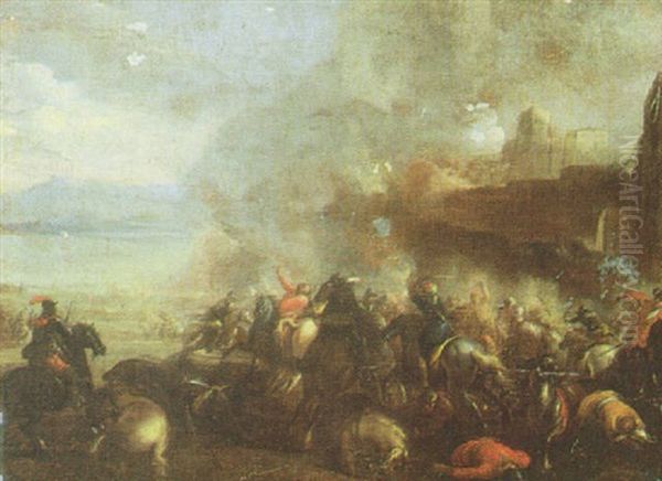 Cavalry Skirmish Outside A Town Oil Painting by Jacques Courtois