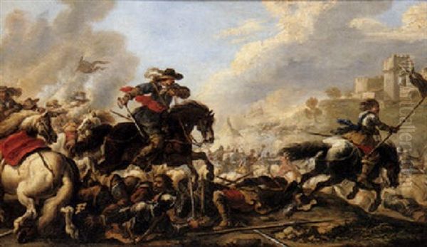 A Cavalry Engagement With A Horseman Holding A Flag High And A Fortified Town Beyond Oil Painting by Jacques Courtois