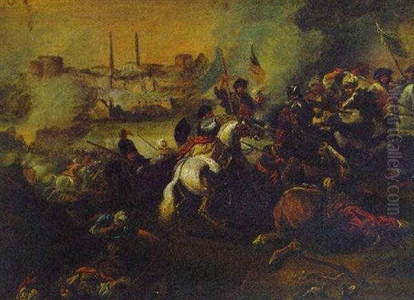 A Cavalry Skirmish Between Turks And Christians Before Constantinople Oil Painting by Jacques Courtois