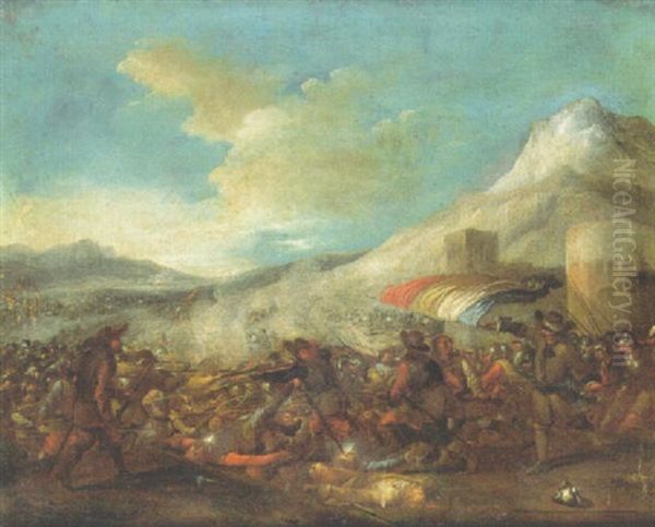 An Infantry Battle In A Mountainous Landscape Oil Painting by Jacques Courtois