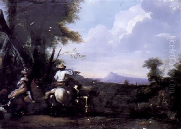 A Wooded Landscape With An Elegant Couple Out Hunting Oil Painting by Jacques Courtois