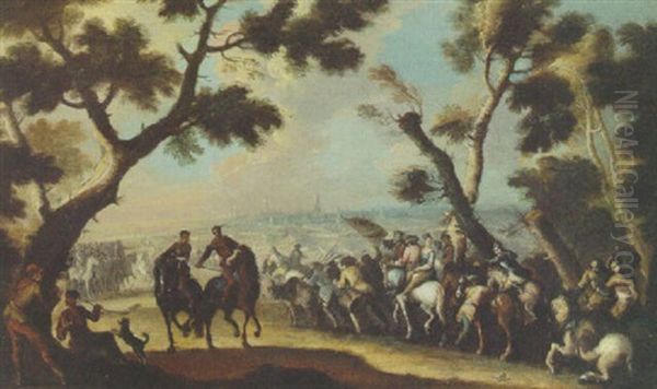 Soldiers On A Hillside Overlooking A Town Oil Painting by Jacques Courtois