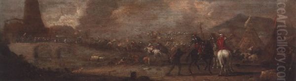 A Cavalry Skirmish On A Bridge By An Encampment Oil Painting by Jacques Courtois