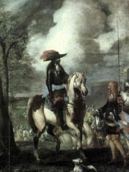 Figures On Horseback With Mounted Soldiers And Fortifications Oil Painting by Jacques Courtois