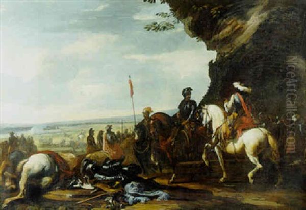 Military Commanders By A Rocky Outcrop Before A Battlefield Oil Painting by Jacques Courtois