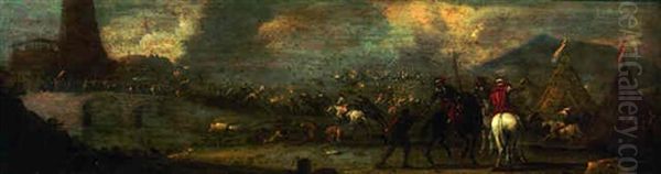 A Cavalry Skirmish On A Bridge By An Encampment Oil Painting by Jacques Courtois