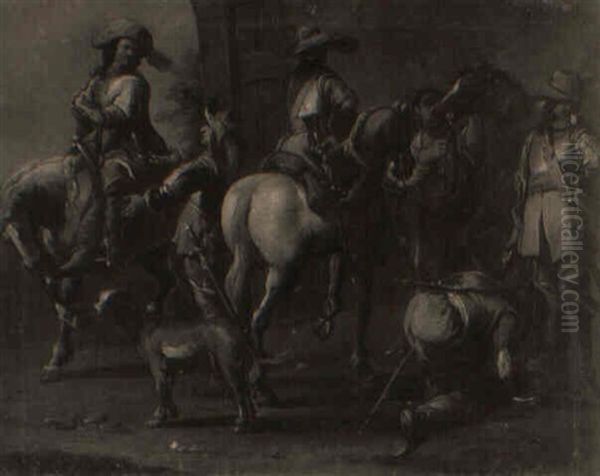 Courtiers Preparing To Leave For The Hunt Oil Painting by Jacques Courtois