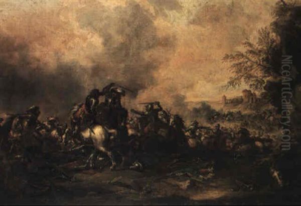 Cavalry Battle With The Ruins Of A Castle In The Distance Oil Painting by Jacques Courtois