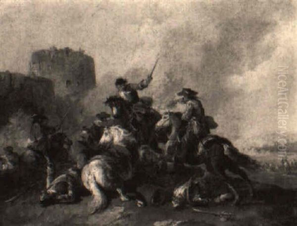 A Cavalry Skirmish By A Fortification Oil Painting by Jacques Courtois