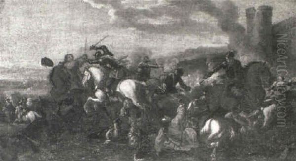 A Cavalry Battle Before A Fortified Town Oil Painting by Jacques Courtois