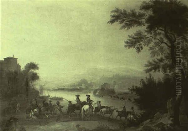 General And His Retinue Fording A River In A Valley Oil Painting by Jacques Courtois