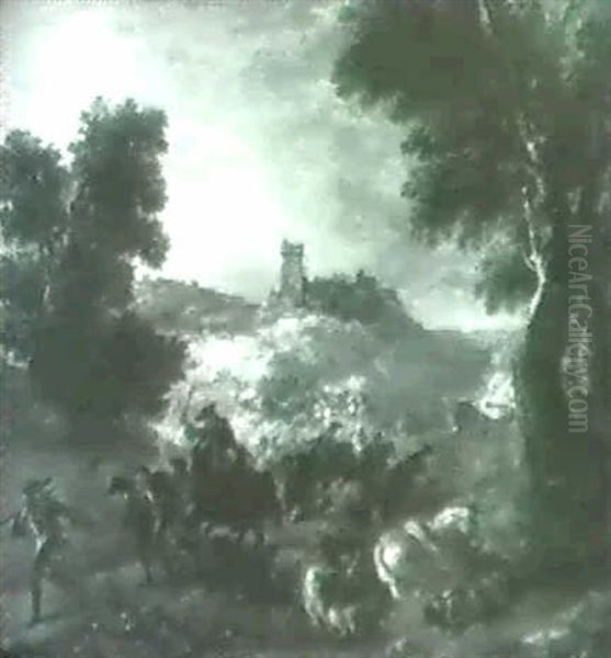 A Cavalery Battle Before A Fortified Town Oil Painting by Jacques Courtois