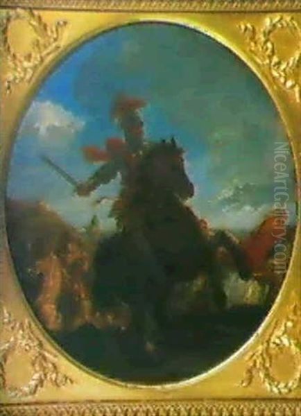 Ein Feldherr Zu Pferd In Einem Reitergefecht.               (durchmesser 30.5cm) Oil Painting by Jacques Courtois